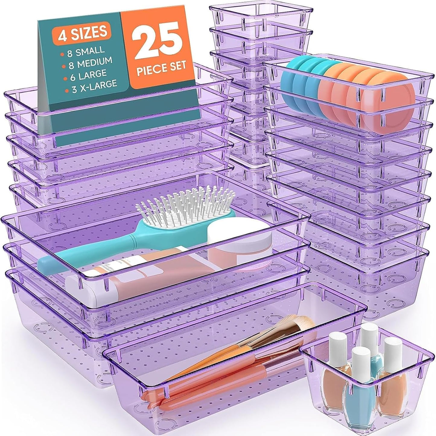 25 PCS Plastic Drawer Organizer Set, 4-Size Versatile Organizer Trays & storage Bins for Makeup, Jewelry, and Gadgets in Bathroom, Bedroom and Office,Clear Purple