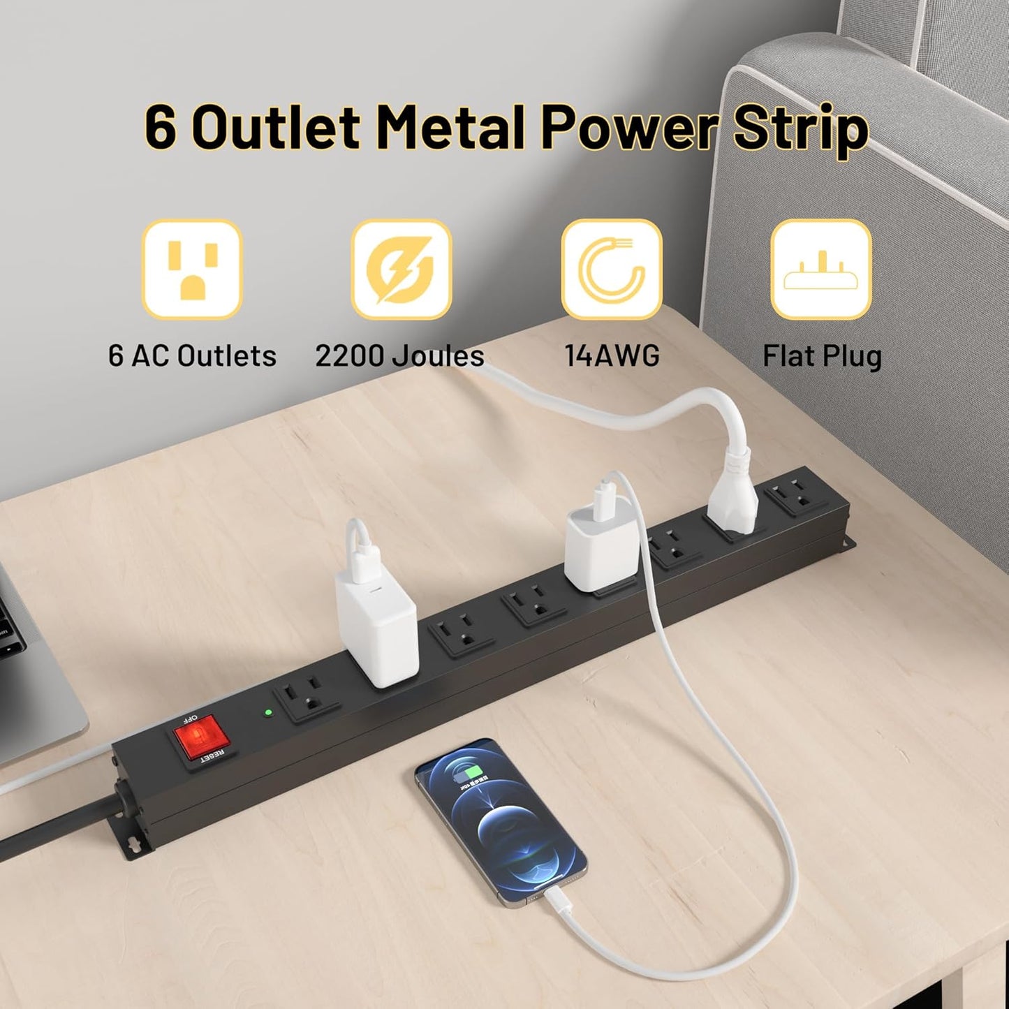 KF 8 Outlet Heavy Duty Power Strip Surge Protector, 2100J Surge Protection Black Power Strip, 15A/1875W Mountable Power Strips, 14AWG 6FT Extension Cord, Black(8FT-2100J)