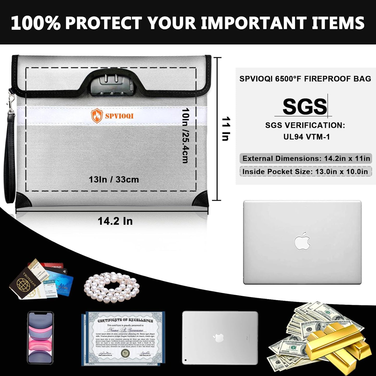6500°F Fireproof Document Bag with Lock, Upgraded Fireproof Money Bag for Cash w. Zipper/Reflective Strip, 10Layers of Heat Insulated Materials, Water Resistant Fireproof Bag for Documents