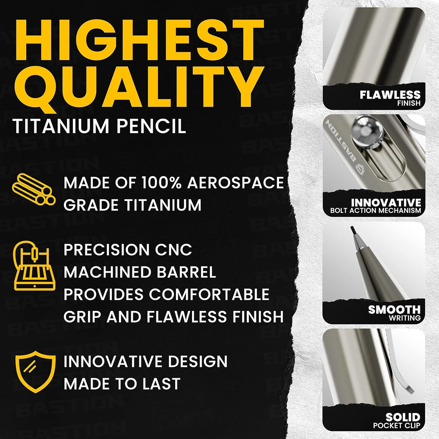 BASTION® Luxury Mechanical Pencil, Durable Professional Medium Point Pencil for Birthday Gift includes 20 x 0.77mm Lead Refills - Titanium