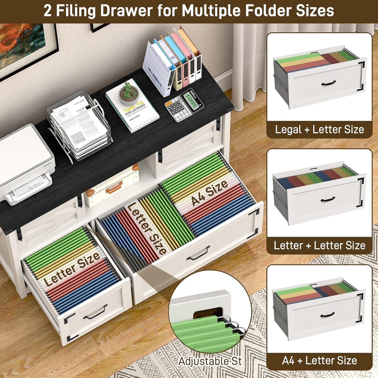 Lateral File Cabinets 2 Drawer with Sliding Barn Doors, Farmhouse Filing Cabinet with 2 Drawer for Home Office，Filing Organization Storage Cabinets for Hanging Files Letter/Legal/F4/A4.(Black.)