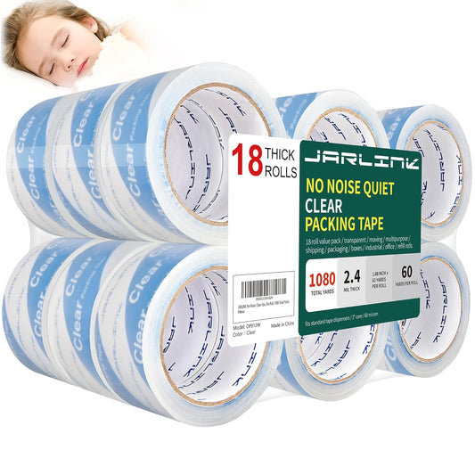 JARLINK No Noise Clear Quiet Packing Tape (18 Rolls), Heavy Duty Packaging Tape for Shipping Packaging Moving Sealing, 2.4mil Thick, 1.88 inches Wide, 60 Yards Per Roll, 1080 Total Yards