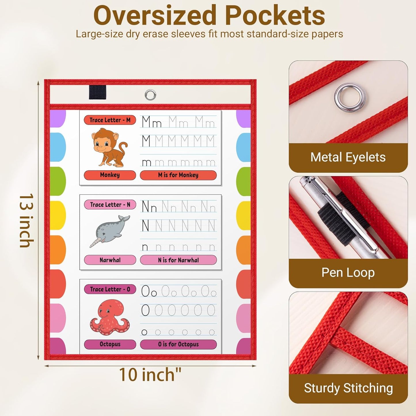 5 Pack Oversized Dry Erase Pocket Sleeves - 10 x 13 Inch Ticket Holders Reusable Clear Plastic Sleeves Sheet Page Protectors for School Teacher Supplies & Classroom Organization, 5 Colors