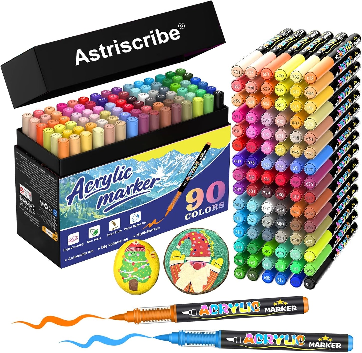 90 Colors Acrylic Paint Pens Markers, No-Bleed Brush Tip Acrylic Markers with Automatic Ink Control System, for Stone, Wood, Canvas, Ceramic, Glass, Metal, Rock Painting, DIY Crafts Art Supplies Kit