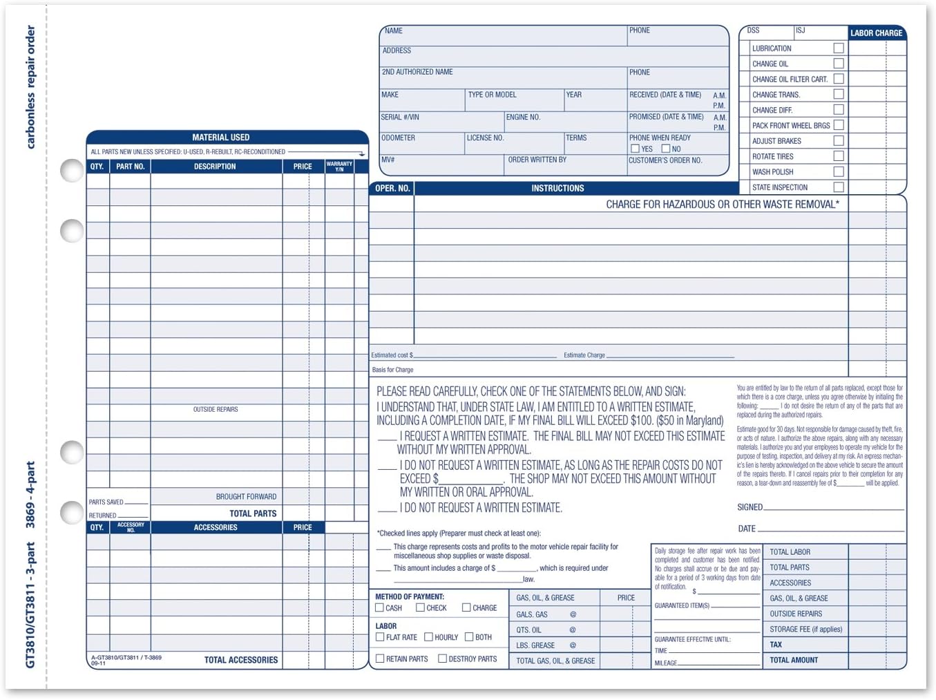 Adams Garage Repair Order Forms, 8.5 x 11 Inch, 3 Parts, 250-Count, White and Canary and White Tag (GT3811)
