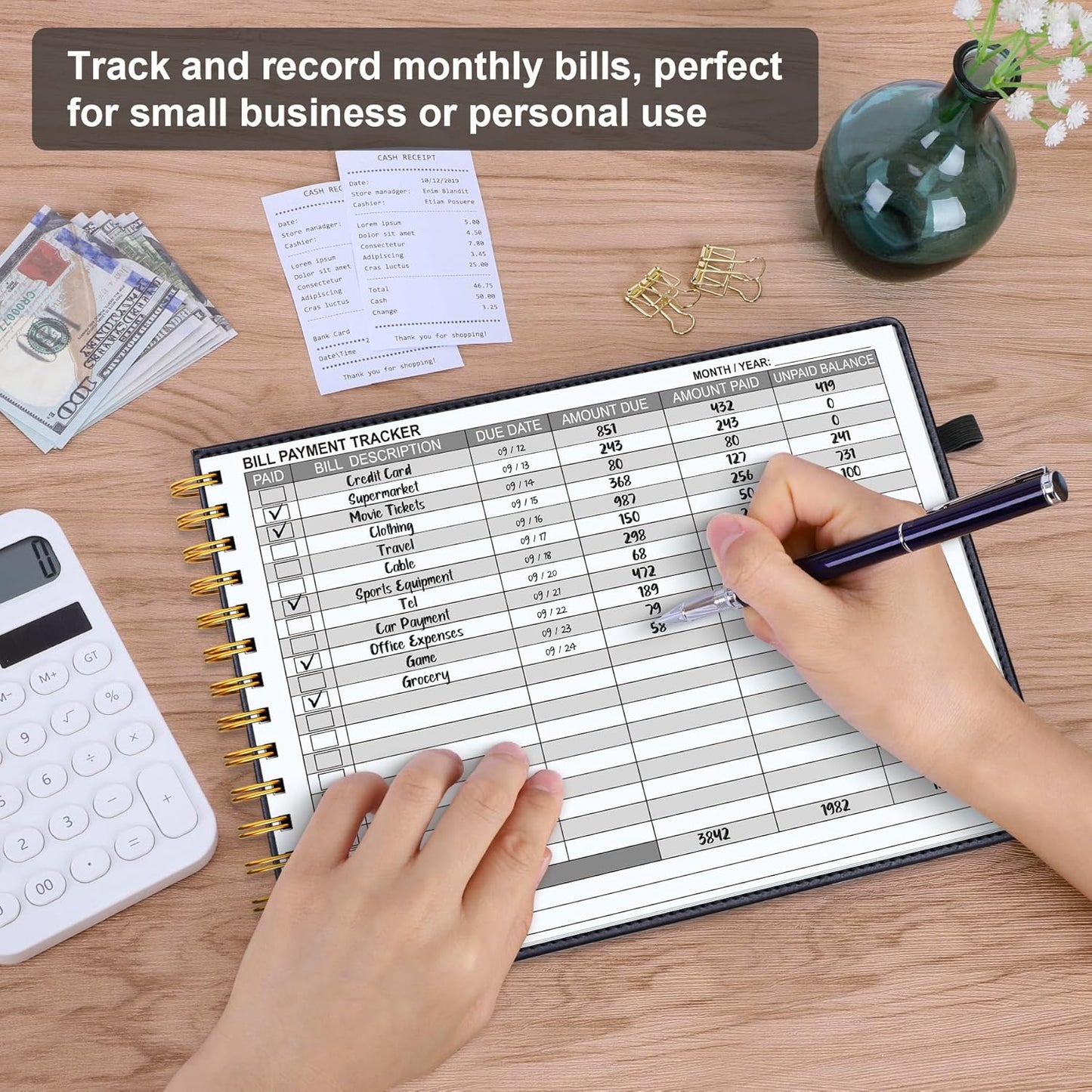 HAUTOCO Hardcover Bill Tracker Notebook Horizontal Monthly Bill Payment Organizer for Personal Budgeting Home Finance with 2 Storage Pocket Expense Checklist Tracking Planner 10.78 x 8'', Black