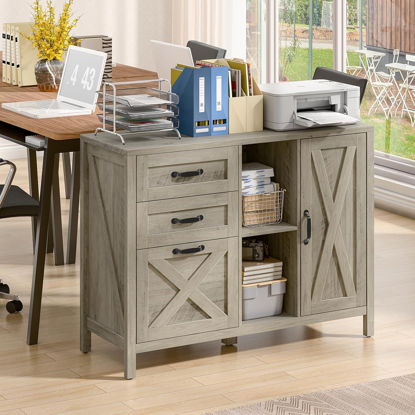 Lateral File Cabinet with 3 Drawers and Door, Farmhouse File Cabinet with Adjustable Shelf for Letter/A4 Size Hanging Files, Printer Stand with Storage Cabinet for Home Office Furniture, Grey