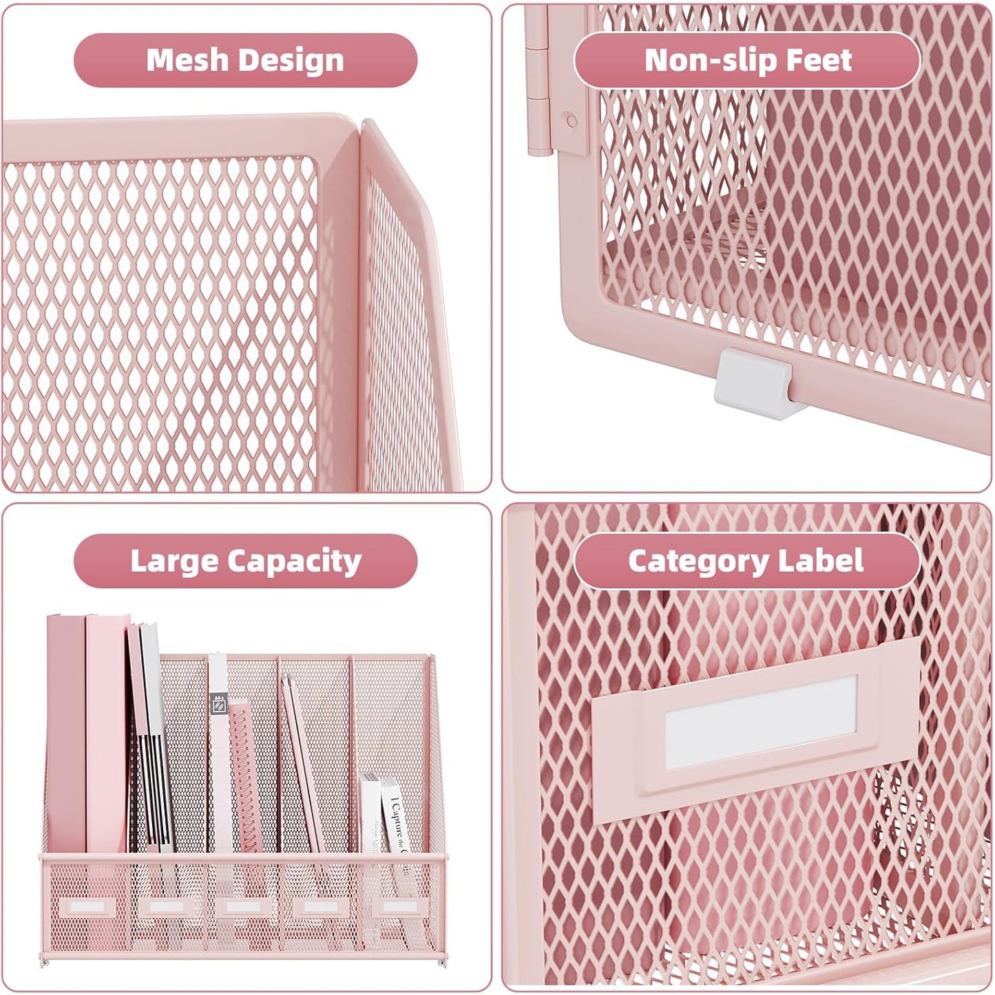Marbrasse File Organizer for Desk,Desk File Organizer with 5 Vertical Compartments Mesh Magazine File Holder for Office School