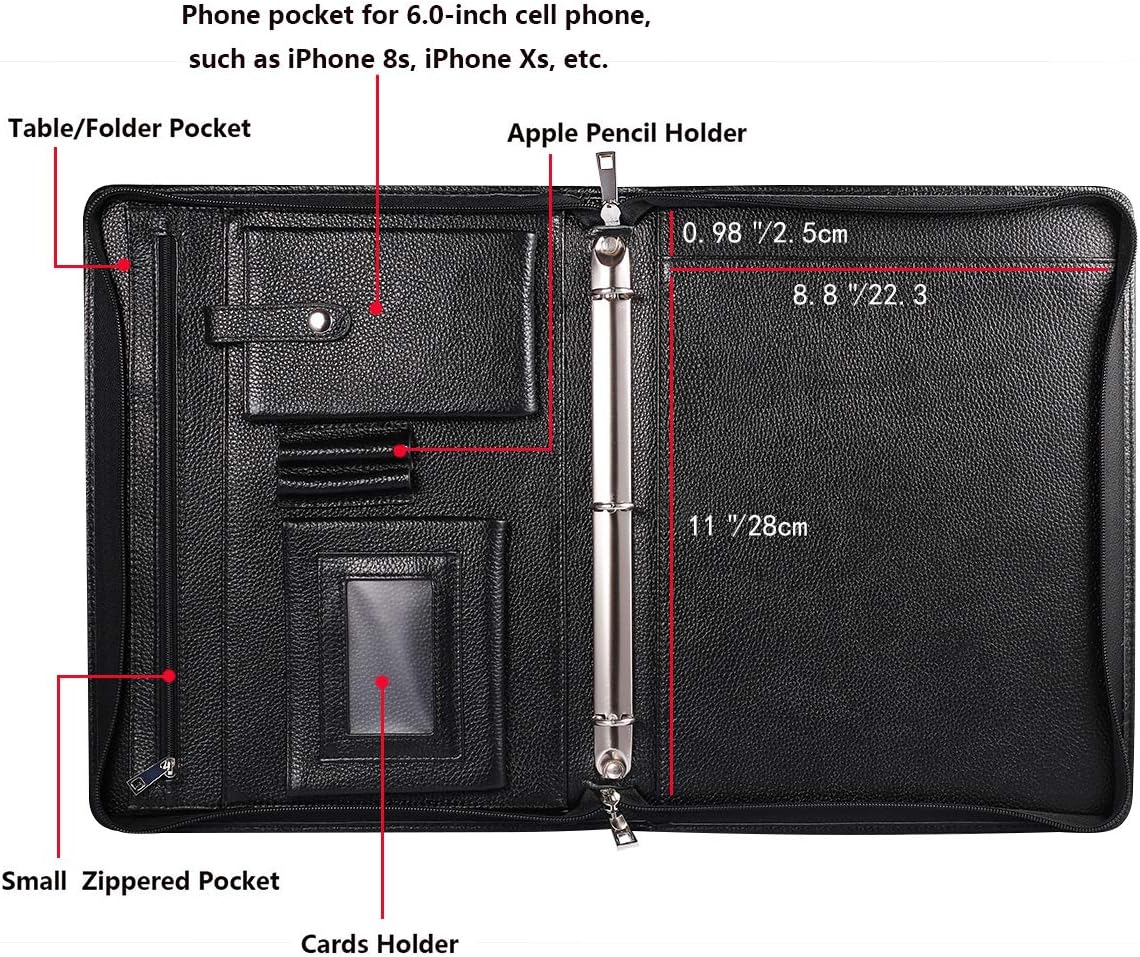 Professional Leather Business Padfolio Portfolio Case, 3 Ring Binder,Zippered Business Document Organizer Tablet Holder Folder Case,with Letter Size Notepad (black)