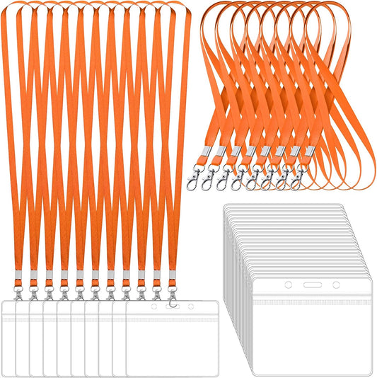 100 Pack Lanyards for ID Badges with Clear Name Tags, Reusable Lanyards Horizontal ID Card Badge Holders Plastic Name Badges for Men Women Kids Business School and Office Supplies (Orange)
