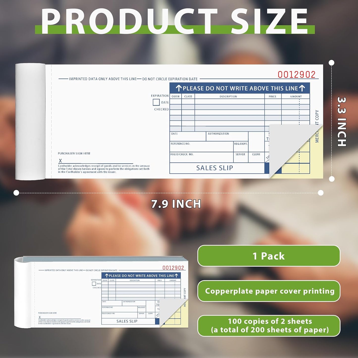 100 Sets Long Credit Card Sales Slips 7.9 * 3.3 inch Two-Part Carbonless Credit Card Receipt Book Credit Card Imprinter Sold as 1 Package for Office (100 Sets of 200 Sheet)(1)