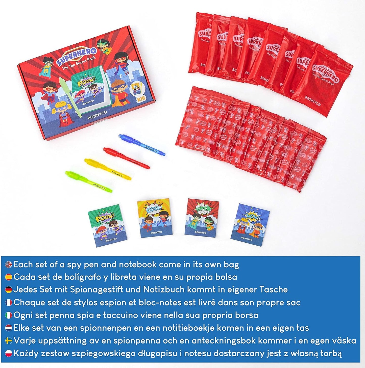 BONNYCO Invisible Ink Pen, Notebook Pack 16 Superhero Party Favors | Super Hero Party Favors for Kids Goodie Bags Stuffers Pinata Stuffers Classroom Prizes Return Gifts for Kids Birthday Student Gifts