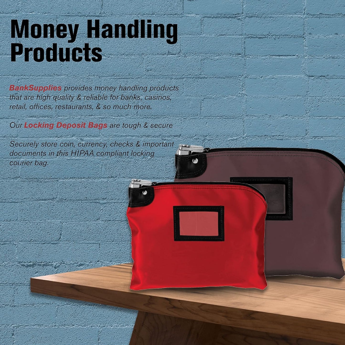 BankSupplies Laminated Nylon Locking Deposit Bag | Red | 15W x 11H | 2 Keys Included for Each Bag | HIPAA | Puncture Resistant Laminated Nylon | Double Stitched Seams