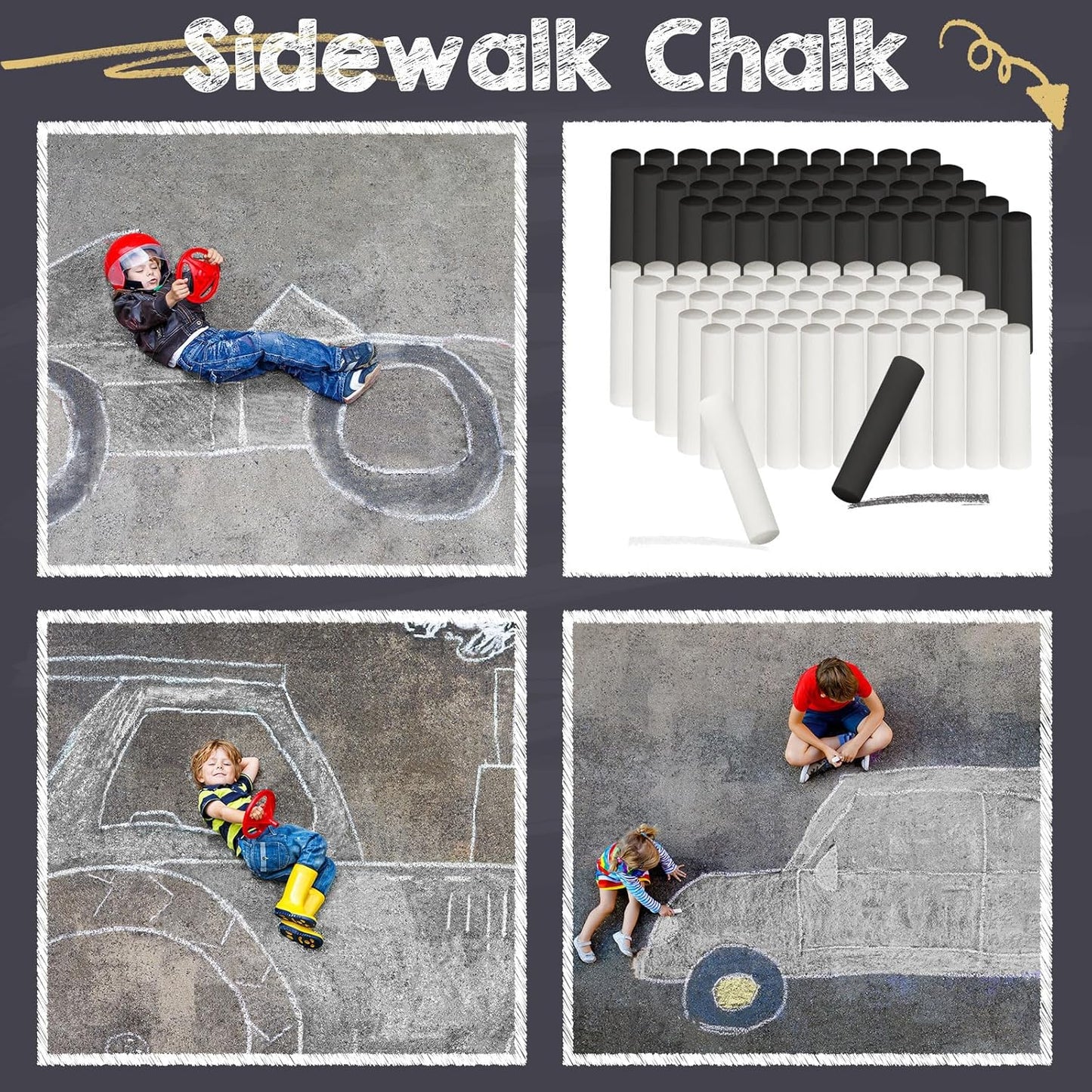 100 Pcs Sidewalk Chalk for Kids Jumbo Black White Washable Non Toxic Chalk for Classroom Outdoor Fun Creativity Art Play Painting on Chalkboard Playground Blackboard Easter Party
