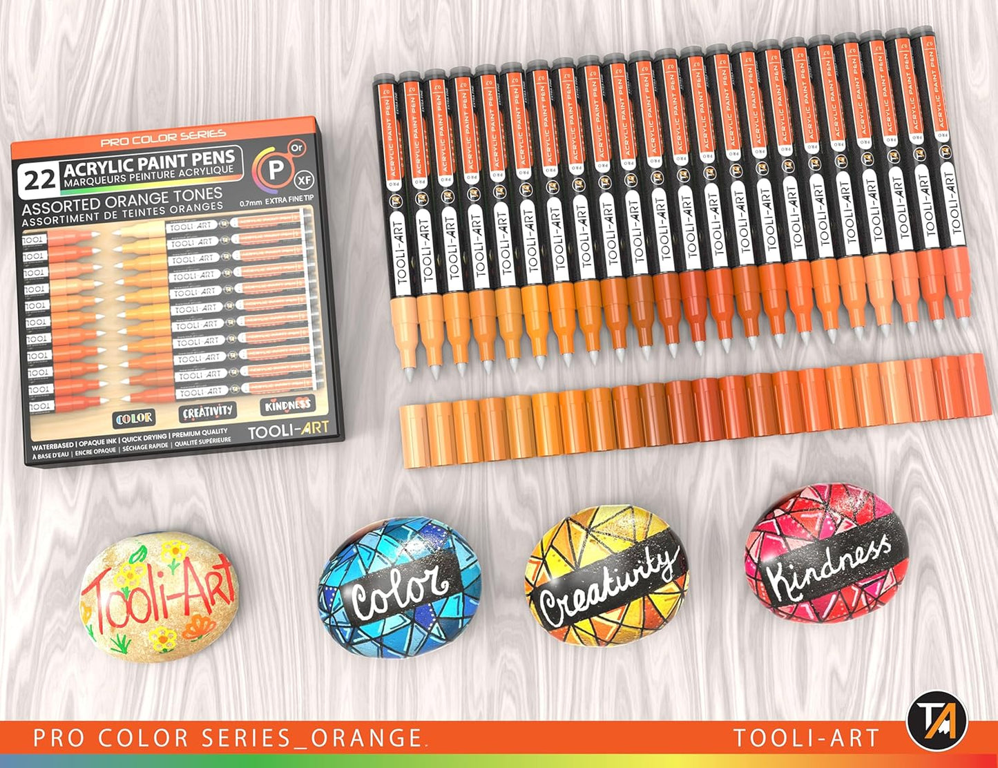 Acrylic Paint Pens 22 Orange Tones Assorted Pro Color Series Markers Set 0.7mm Extra Fine Tip for Rock Painting, Glass, Mugs, Wood, Metal, Canvas, Projects, Non Toxic, Waterbased, Quick Drying