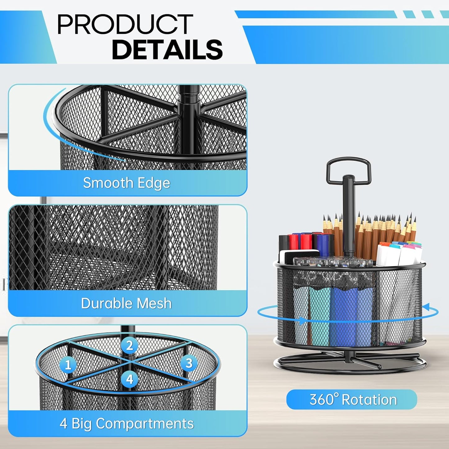360-Degree Rotating Pen Holder for Desk, Mesh Pencil Organizer Multi-Functional Pen Holder, 4 Compartments Desktop Stationary Organizer, Home Office Black