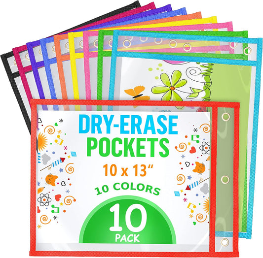 10 Pack 10x13 inch Dry Erase Pockets Reusable Sleeves - Dry-Erase Pocket Sleeves Dry-Erase Sleeve for Classroom - Dry Erase Sheet Protectors Dry Erase Pouches Write and Wipe Pockets Erasable Pocket