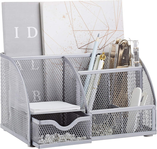 Annova Mesh Desk Organizer Office with 7 Compartments + Drawer/Desk Tidy Candy/Pen Holder/Multifunctional Organizer (Silver)