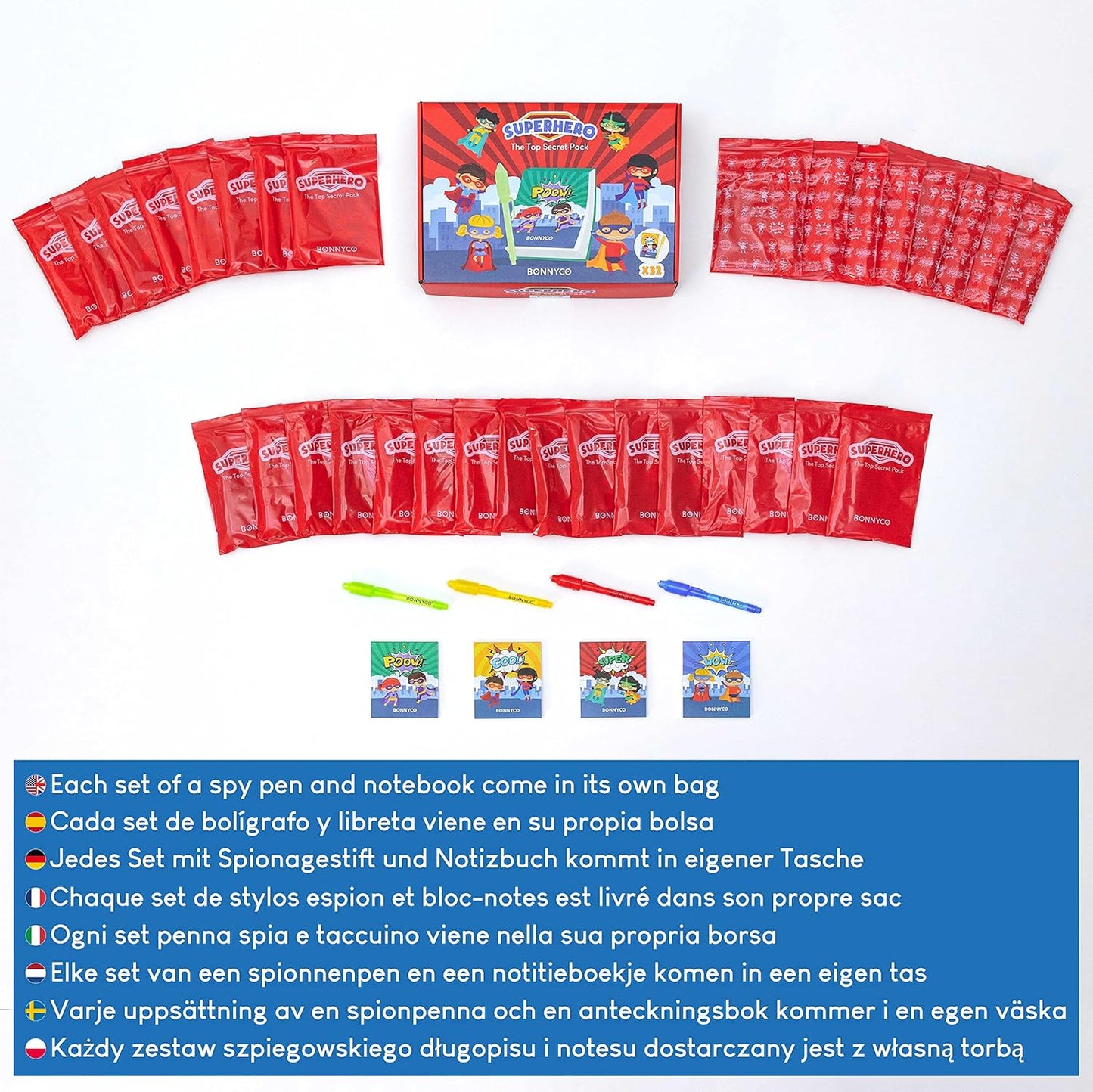 BONNYCO Invisible Ink Pen, Notebook Pack 32 Superhero Party Favors | Super Hero Party Favors for Kids Goodie Bags Stuffers Pinata Stuffers Classroom Prizes Return Gifts for Kids Birthday Student Gifts