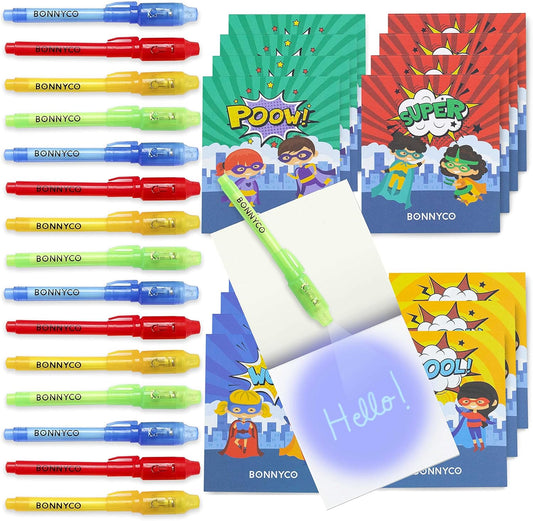 BONNYCO Invisible Ink Pen, Notebook Pack 16 Superhero Party Favors | Super Hero Party Favors for Kids Goodie Bags Stuffers Pinata Stuffers Classroom Prizes Return Gifts for Kids Birthday Student Gifts