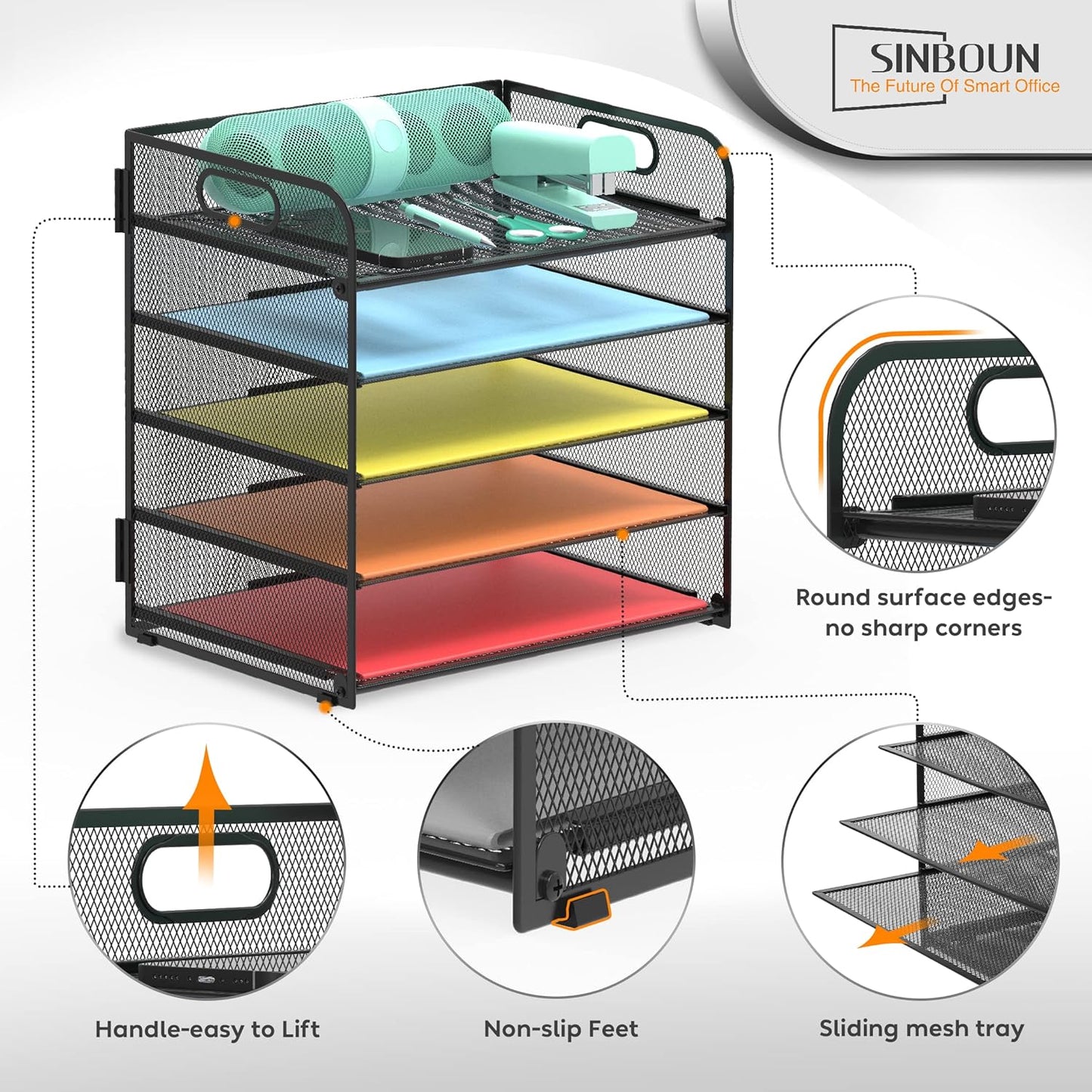 2 Pack Letter Tray 5-Tier Desk Organizer File Paper Holder with Handle, Metal Desktop Document Shelf Tray Office Classroom Organization - Black