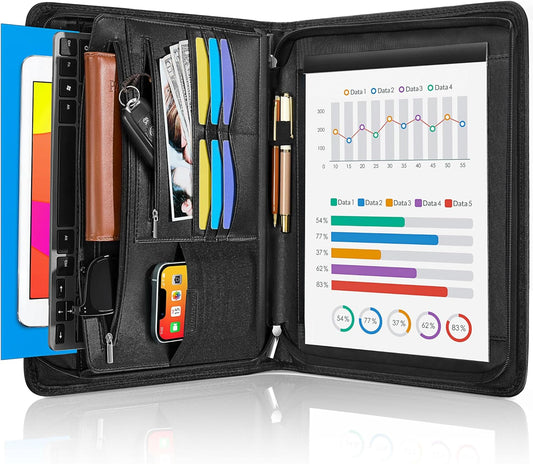Zippered Leather Padfolio Organizer, Multifunctional Business Portfolio Folder with Zipper, Card Holders Pockets, Notepad Executive File Document Binder for Women Men (Black)