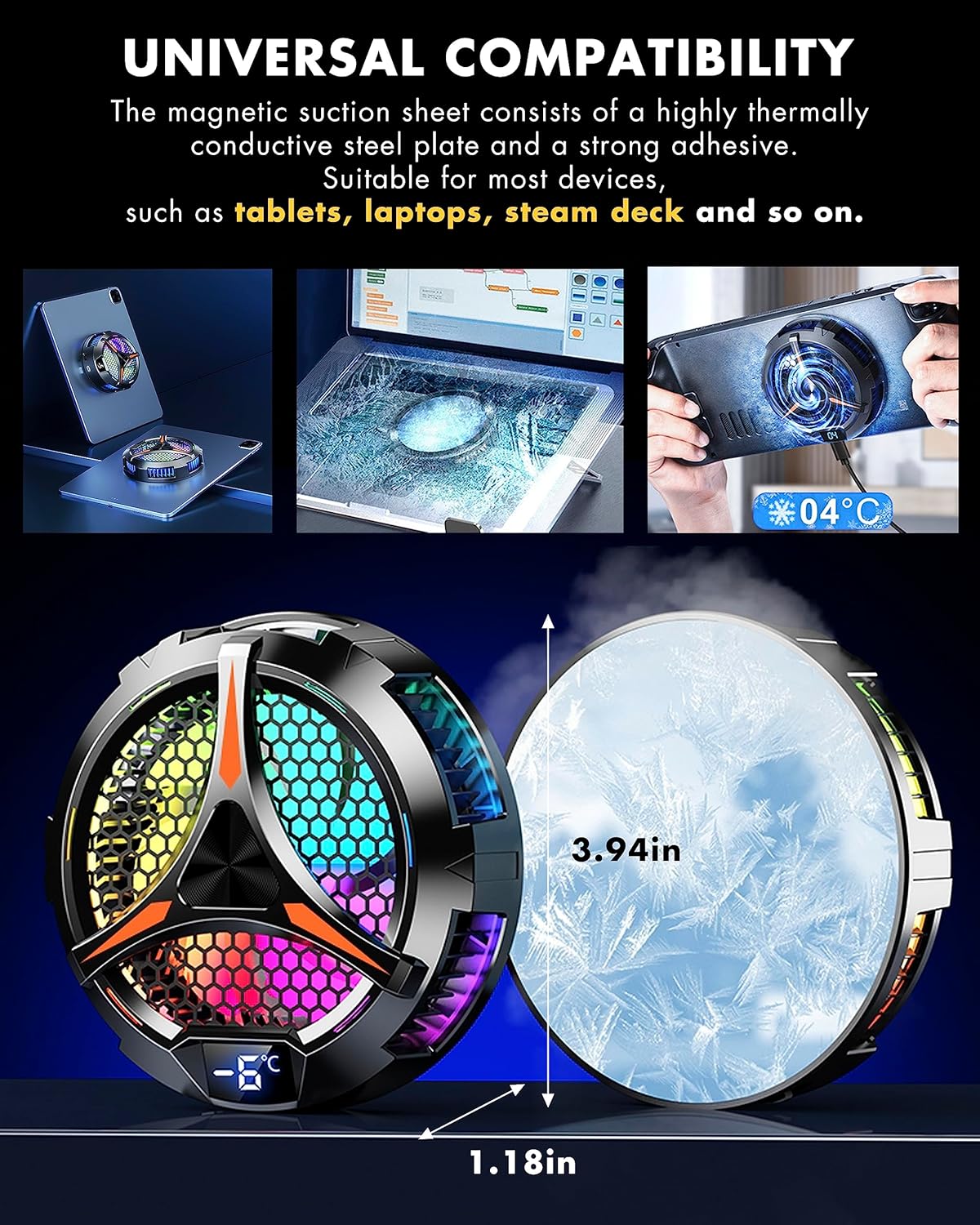 iPad Cooler,Magnetic Tablet Cooler for ipad/Surface pro/Samsung Tab,Universal Radiator with Temperature Display for Mobile Gaming,Tiktok Live Streaming(Including Tablet stand Holder)
