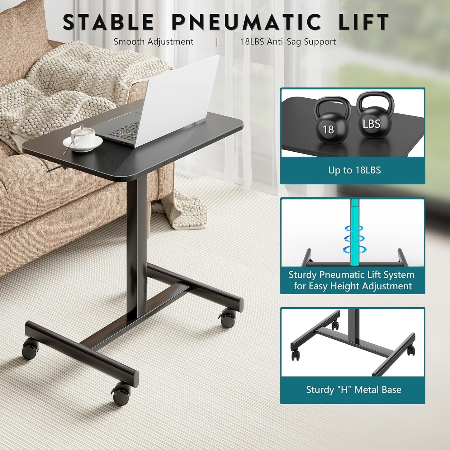 BONTEC Mobile Standing Desk Adjustable Height, Rolling Laptop Cart with Hook, Portable Workstation with Pneumatic Lift, Ergonomic Table with Wheels, Compact Home Office Desk, Black, 25.6" x 18.9"