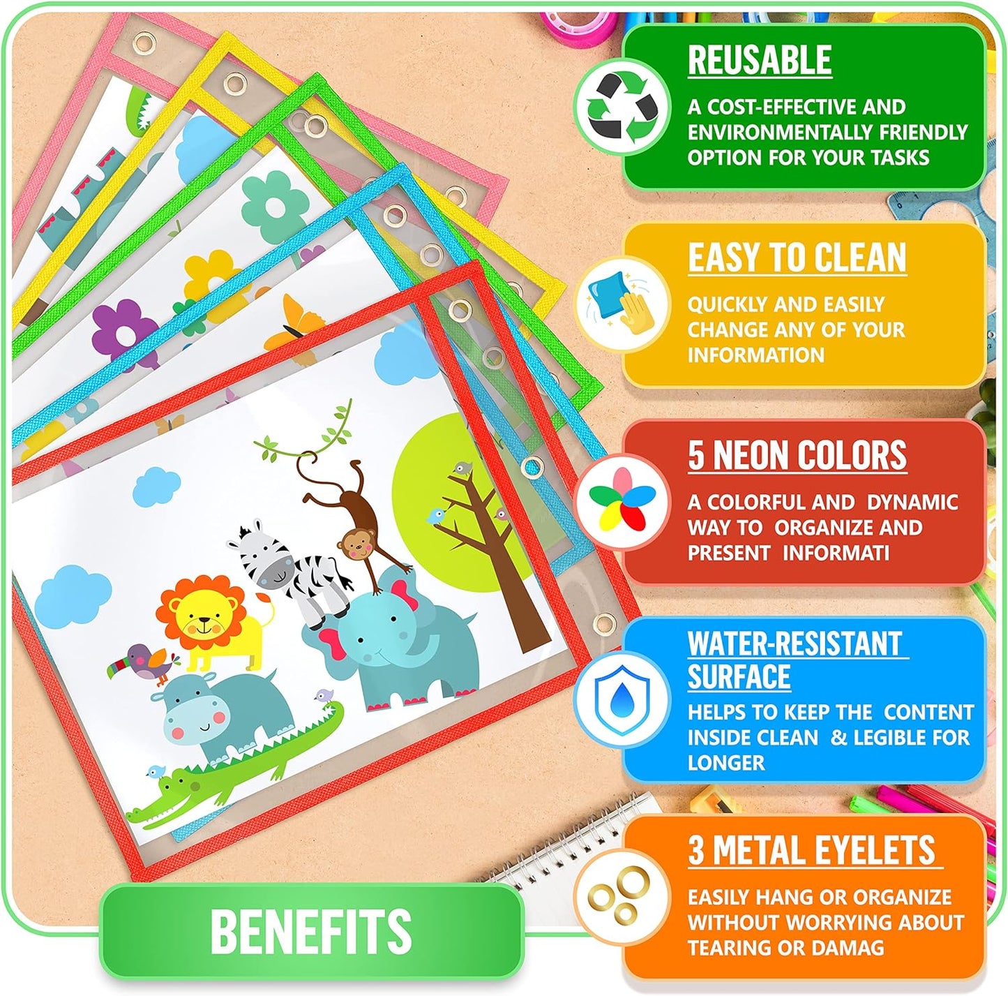 5 Dry Erase Pockets 10x13 Inch - Clear Sheet Protector Pouches - Clear Dry Erase Pockets Reusable Sleeves - Write and Wipe Pockets Pouches - Plastic Sleeves for Paper - Dry Erase Sheets Paper Sleeves