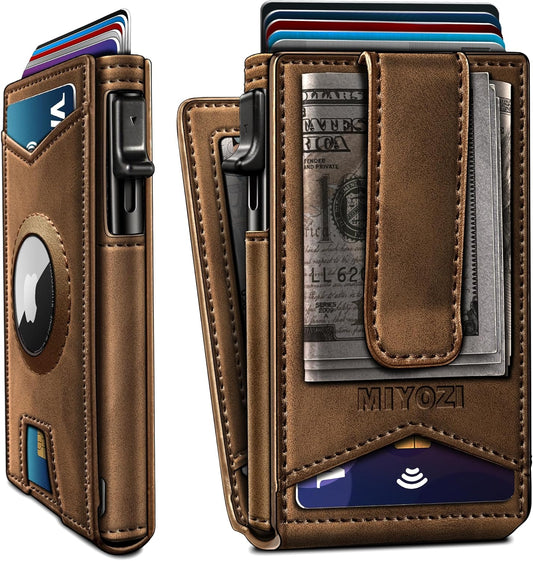 Airtag Wallet for Men,with Money Clip Gift Boxed,Slim Front Pocket Wallet RFID Blocking Metal Case Smart Pop-up Credit Card Holder in Magnetic Leather Flip