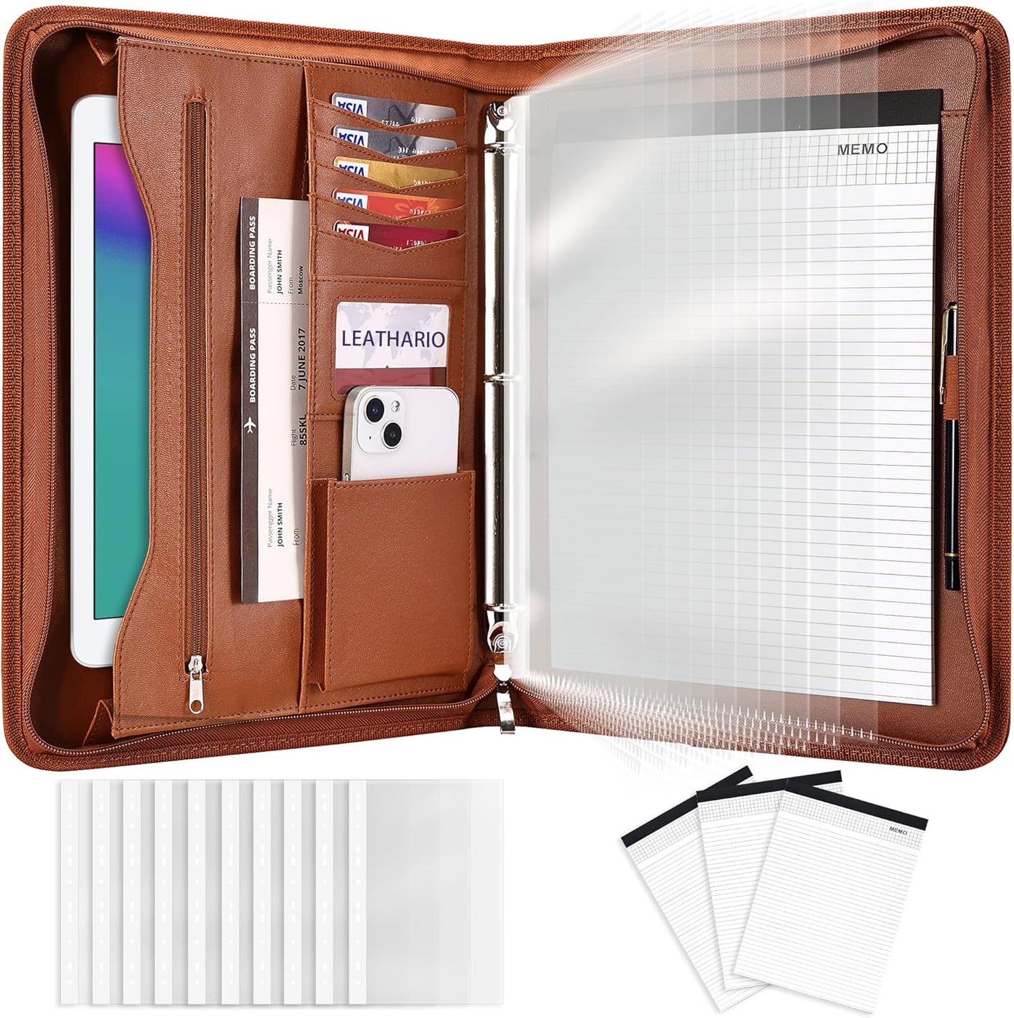 Leathario Portfolio Binder, Includes 10 Sheet Protectors and 3 Notepads, 3-Ring Folder Organizer, A4 Padfolio with Zipper, Vegan Leather Tablet Sleeve, Business Office Conference Clipboards