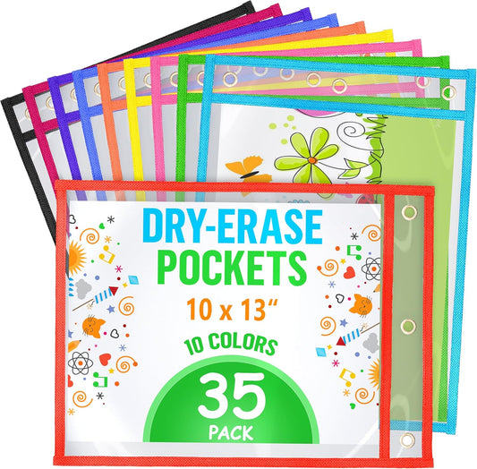 35 Pack Dry Erase Pockets 10x13 inch - Reusable Write and Wipe Pockets - Clear Pocket Folders & Dry Erase Paper Sleeves for Classroom Dry Erase Packets & Clear Pocket Sleeves