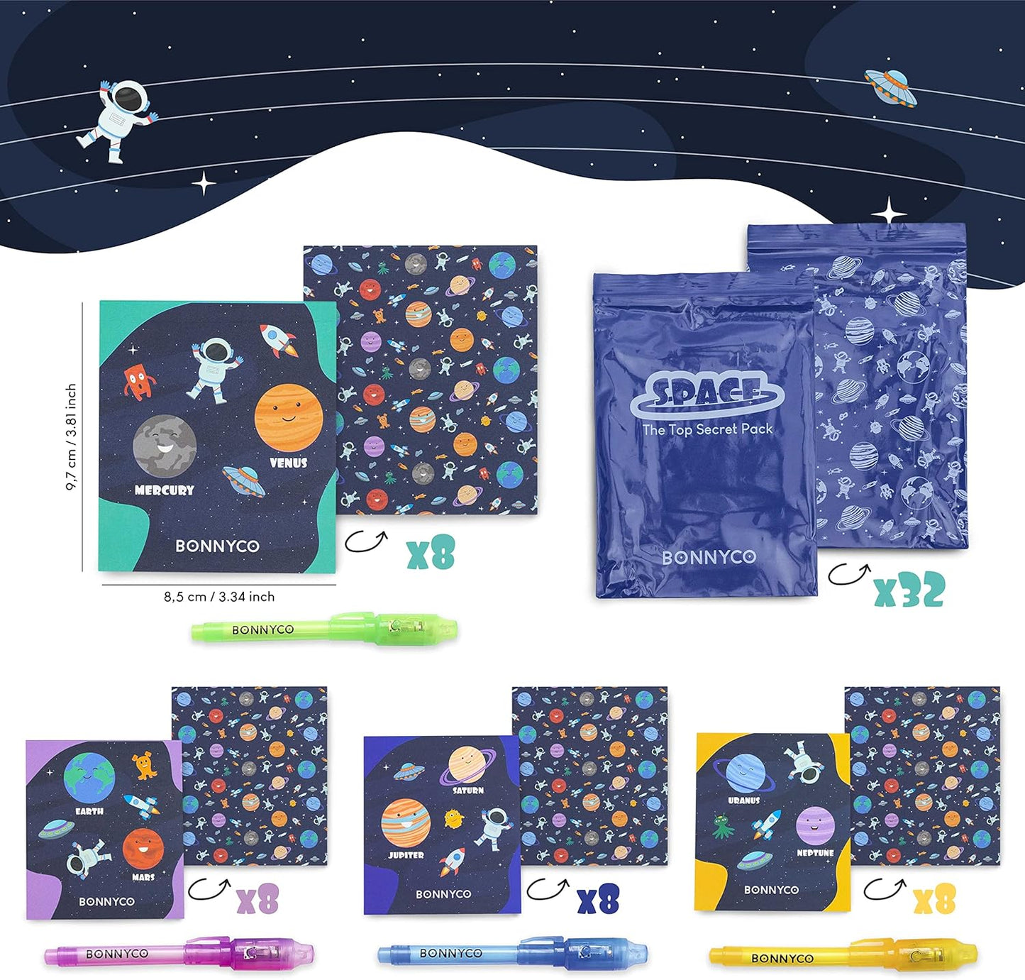 BONNYCO Invisible Ink Pen & Notebook Pack 32, Space Party Favors | Space Themed Party Favors for Kids Goodie Bags Stuffers Pinata Stuffers Classroom Prizes Return Gifts for Kids Birthday Student Gifts