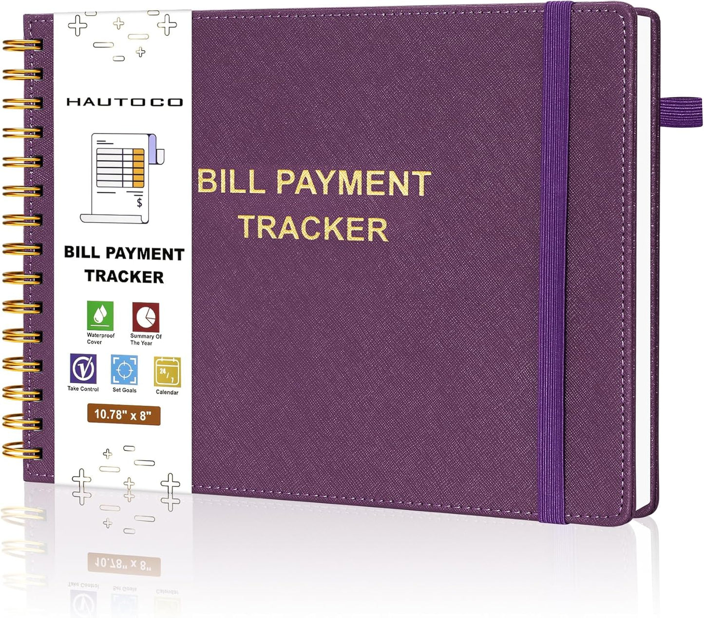 HAUTOCO Hardcover Bill Tracker Notebook Horizontal Monthly Bill Payment Organizer for Personal Budgeting Home Finance with 2 Storage Pocket Expense Checklist Tracking Planner 10.78 x 8'', Deep Purple