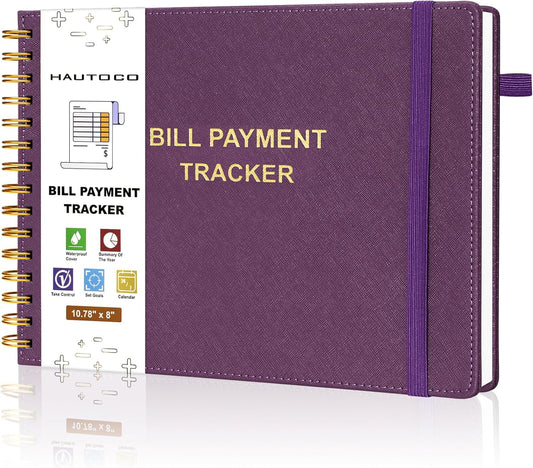 HAUTOCO Hardcover Bill Tracker Notebook Horizontal Monthly Bill Payment Organizer for Personal Budgeting Home Finance with 2 Storage Pocket Expense Checklist Tracking Planner 10.78 x 8'', Deep Purple