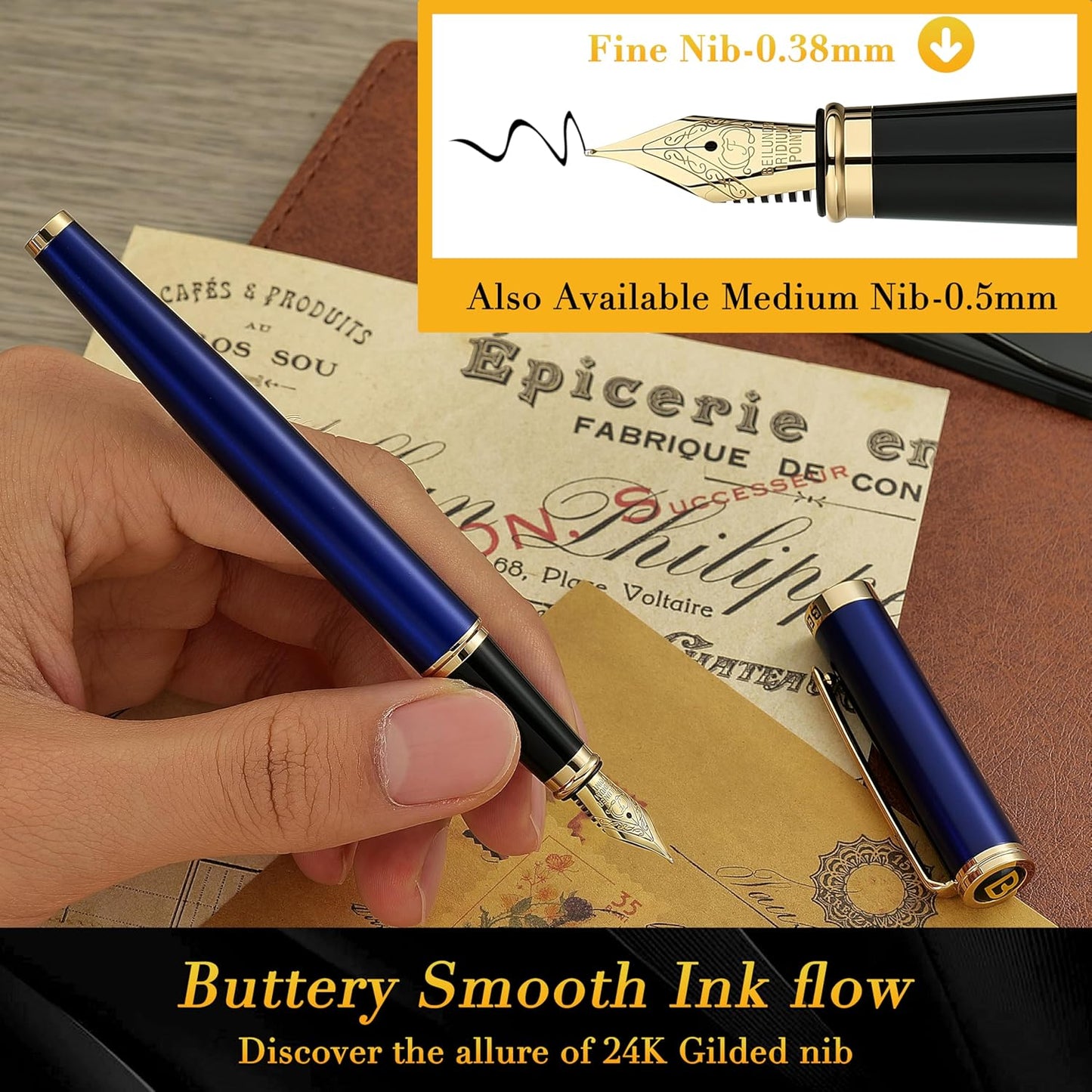 BEILUNER Blue Fountain Pen,Stunning Luxury Pens with 24K Gold Finish, Gorgeous 24K Gilded Nib(Fine), Trustworthy Pen Gift for Men&Women -Ink Converter-Elegant, Graduation,Nice Pen for Writing