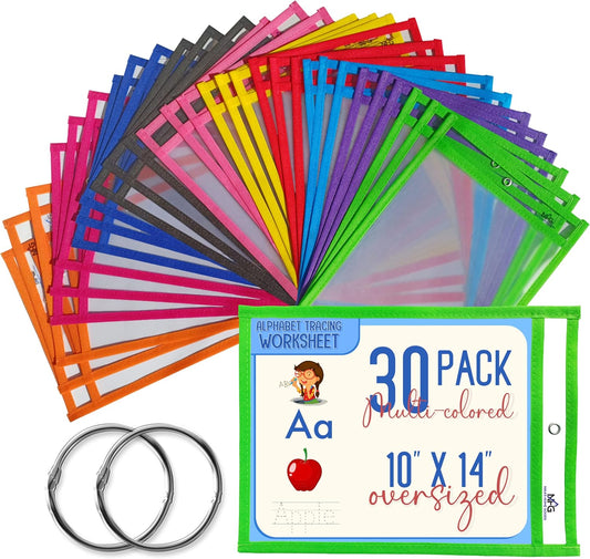 30 Packs Oversized Dry Erase Pockets Sleeves - 10 Assorted Colors with 2 Binder Rings - Dry Erase Sheets Reusable - 10x14 Ticket Holders - Clear Plastic Sheet Protectors for Classroom Teacher Supplies