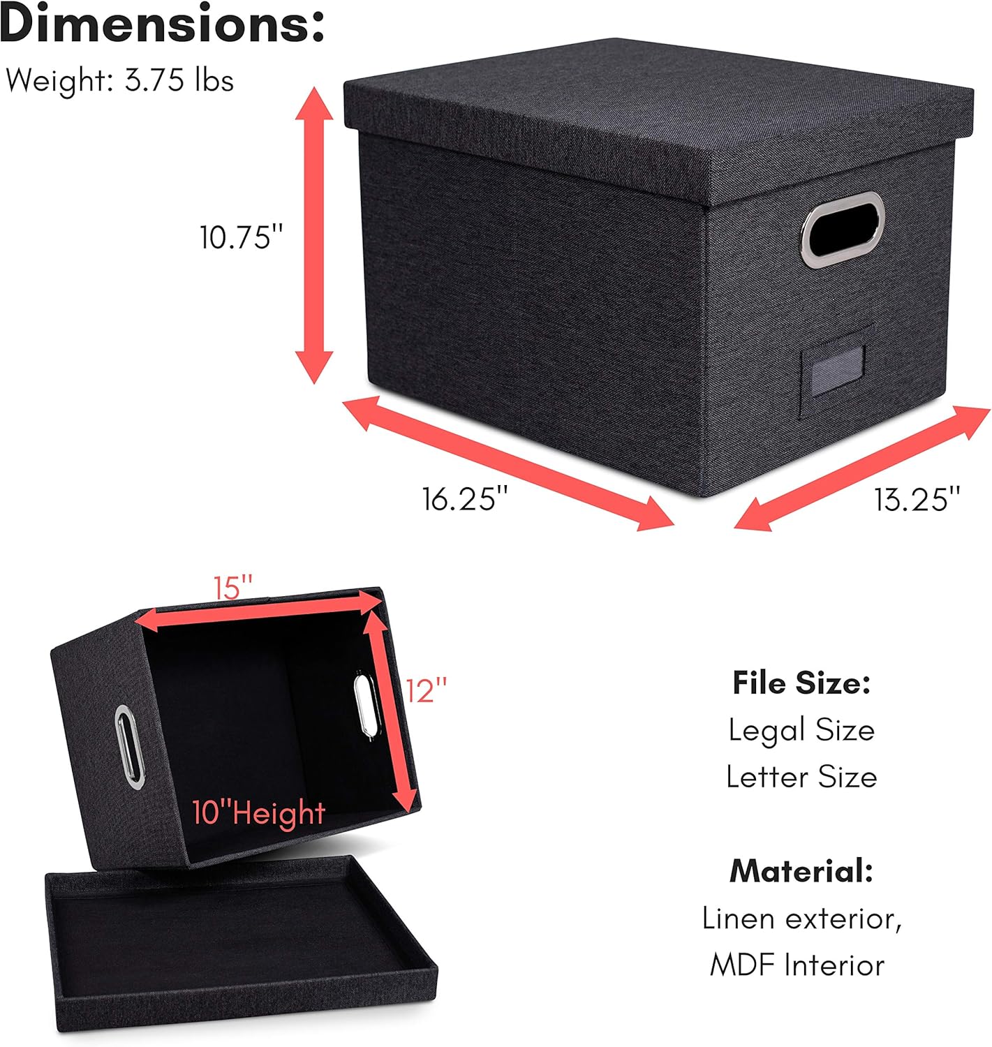 Internet's Best Collapsible File Storage Organizer with Lid - Decorative Linen Filing & Storage Office Box – Hanging Letter/Legal Folder – Home Office Bins Cabinet – Charcoal Container - 2 Pack