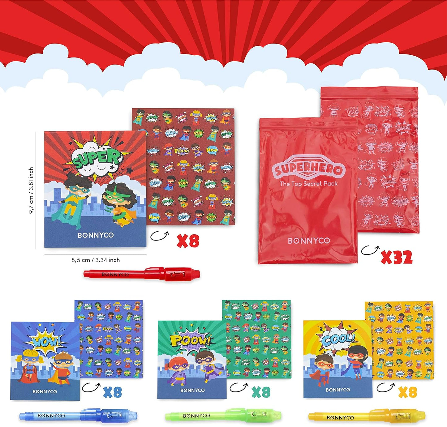 BONNYCO Invisible Ink Pen, Notebook Pack 32 Superhero Party Favors | Super Hero Party Favors for Kids Goodie Bags Stuffers Pinata Stuffers Classroom Prizes Return Gifts for Kids Birthday Student Gifts