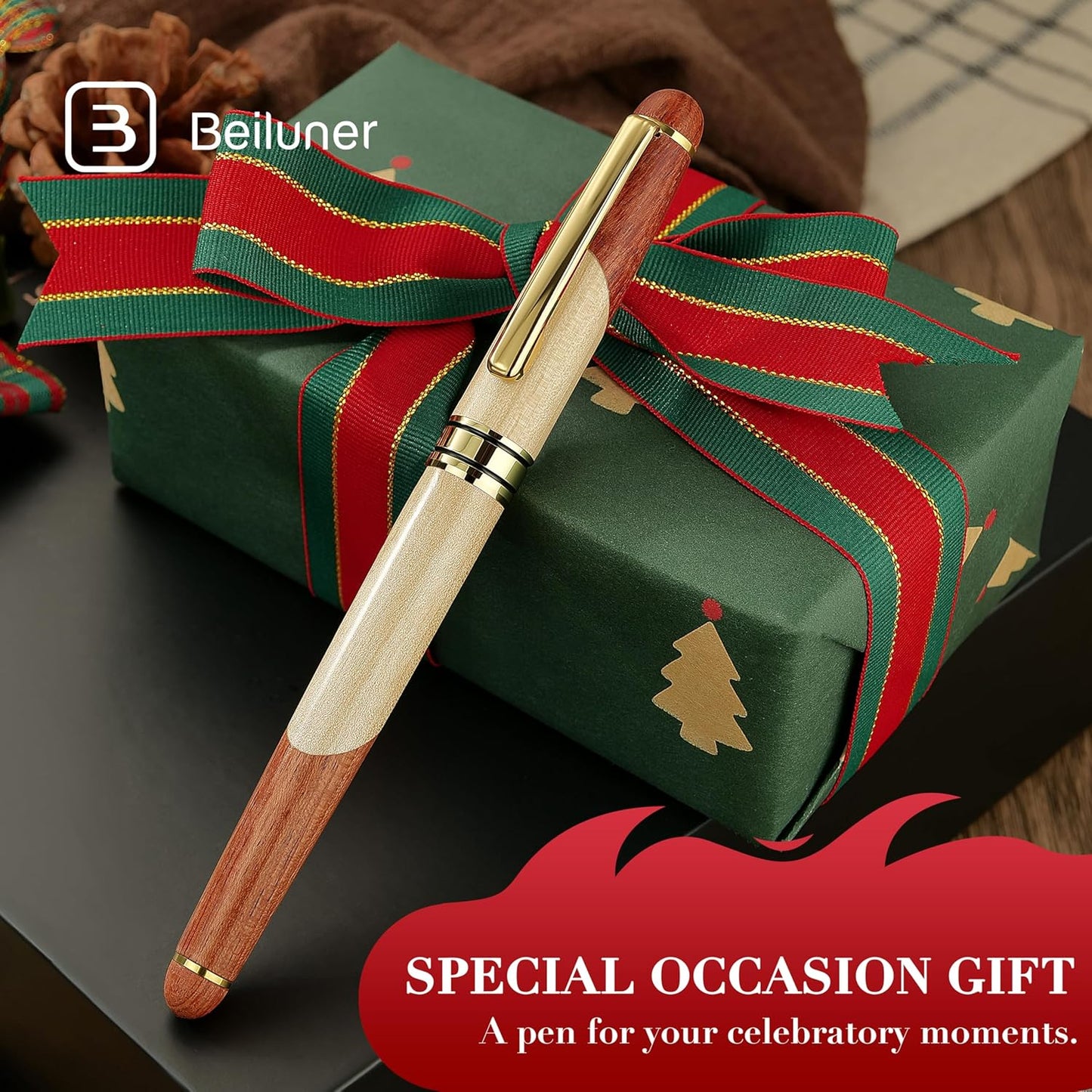 BEILUNER Luxury Wood Ballpoint Pen Writing Set,Maple-Elegant Fancy Nice Gift Pen Set for Signature Calligraphy Office Fancy Nice Supplies - Christmas Gift Boxed with Extra Refills (Black)