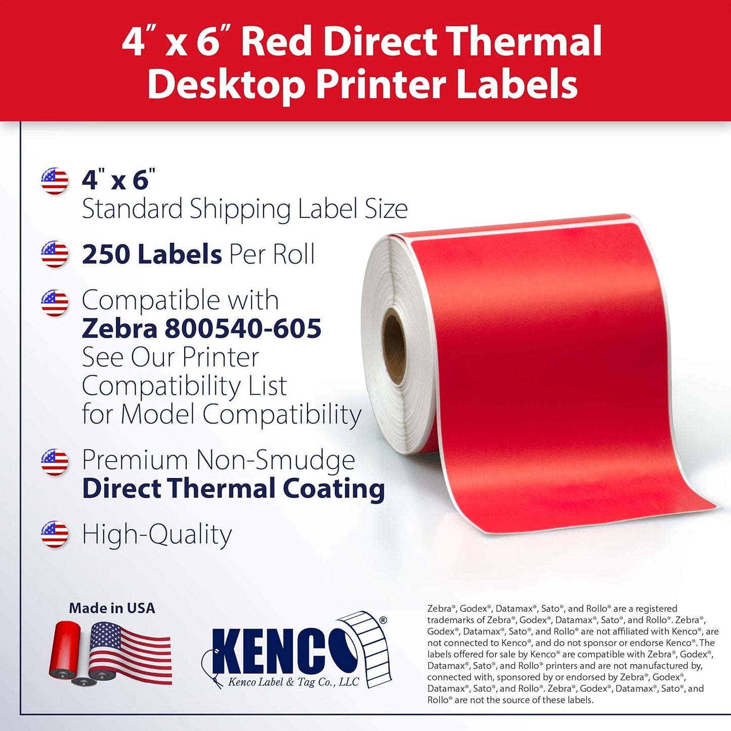 4" X 6" Direct Thermal Perforated Stickers Labels for Shipping Labels, Inventory, and Color Coding - Compatible with Zebra, Rollo, Godex and More (Red, 12 Rolls)