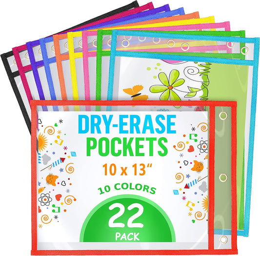 22 Dry Erase Pockets Reusable Sleeves 10x13 - Dry Erase Pocket Sleeves Dry-Erase Sleeve Classroom Pack Dry-Erase Sheet Protectors Pouches Write and Wipe Pockets Erasable Pocket Sleeves for Classroom