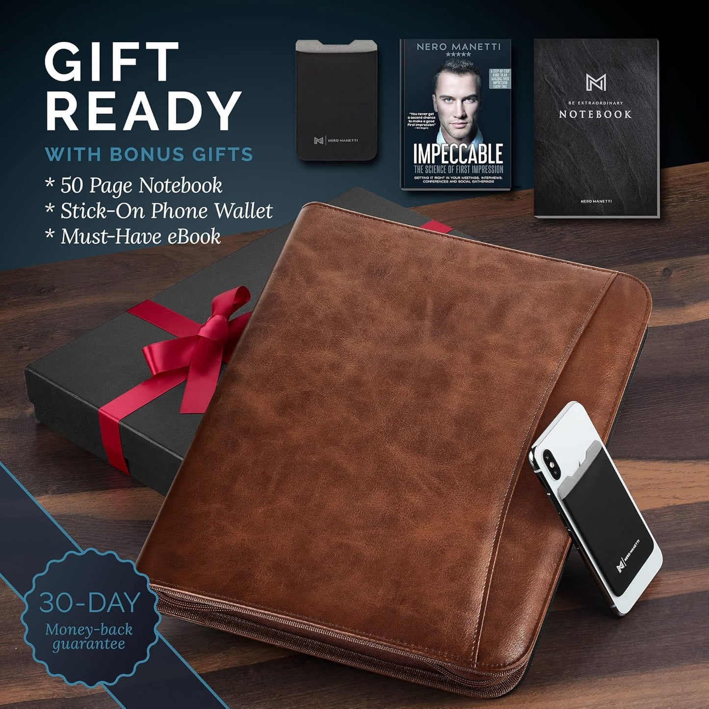 NERO MANETTI- Zippered Vegan Leather Padfolio/Portfolio Pad Holder-Business PU Leather Notepad Folder for Resumes, Interviews, iPad/Tablet, Phone, Legal Pad Notebook Executive Binder for Women, Men