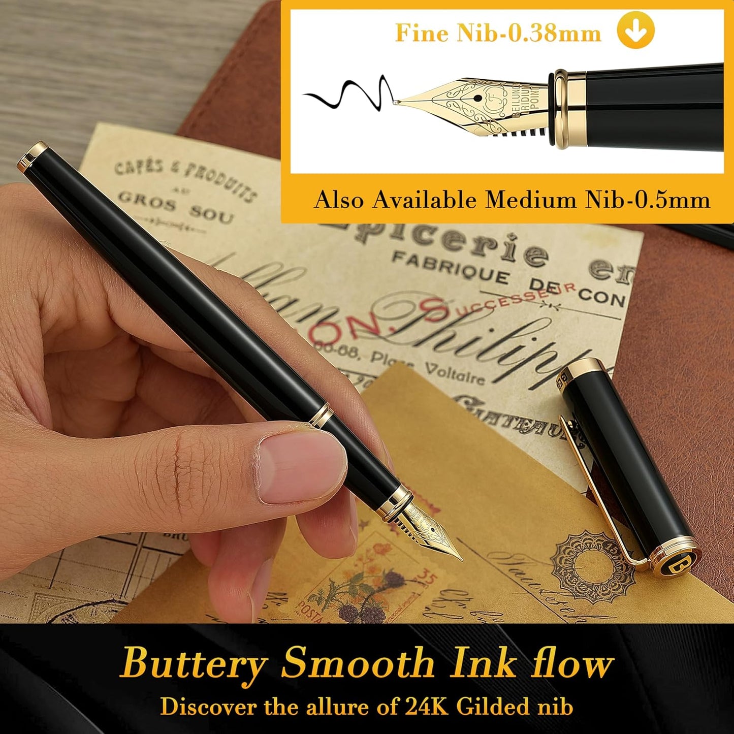 BEILUNER Black Personalized Fountain Pen,Stunning Luxury Lacquer,24K Gilded Nib(Fine),Gorgeous 24K Gold Finish, Ink Converter,Fancy Office Gift for Men&Women-Elegant, Graduation,Nice Pens for Writing