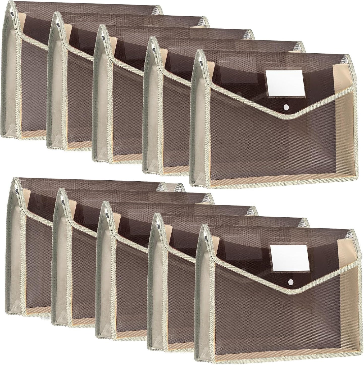 10 Pieces Plastic File Folders Envelope Expanding File Wallet Organizer Documents Folder with Snap Closure and Pocket, A4 Size Waterproof Transparent Pouch(Khaki,Horizontal)