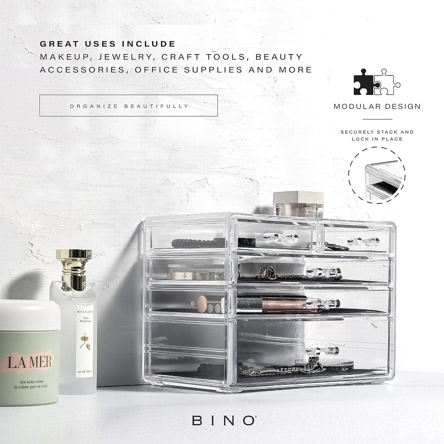 BINO THE MANHATTAN SERIES Acrylic Makeup Drawer Organizer-3 Large 2 Small Drawer | Clear Beauty Organizers and Storage| Cosmetic & Makeup Organizer | Home Organization| Jewelry & Vanity Accessories