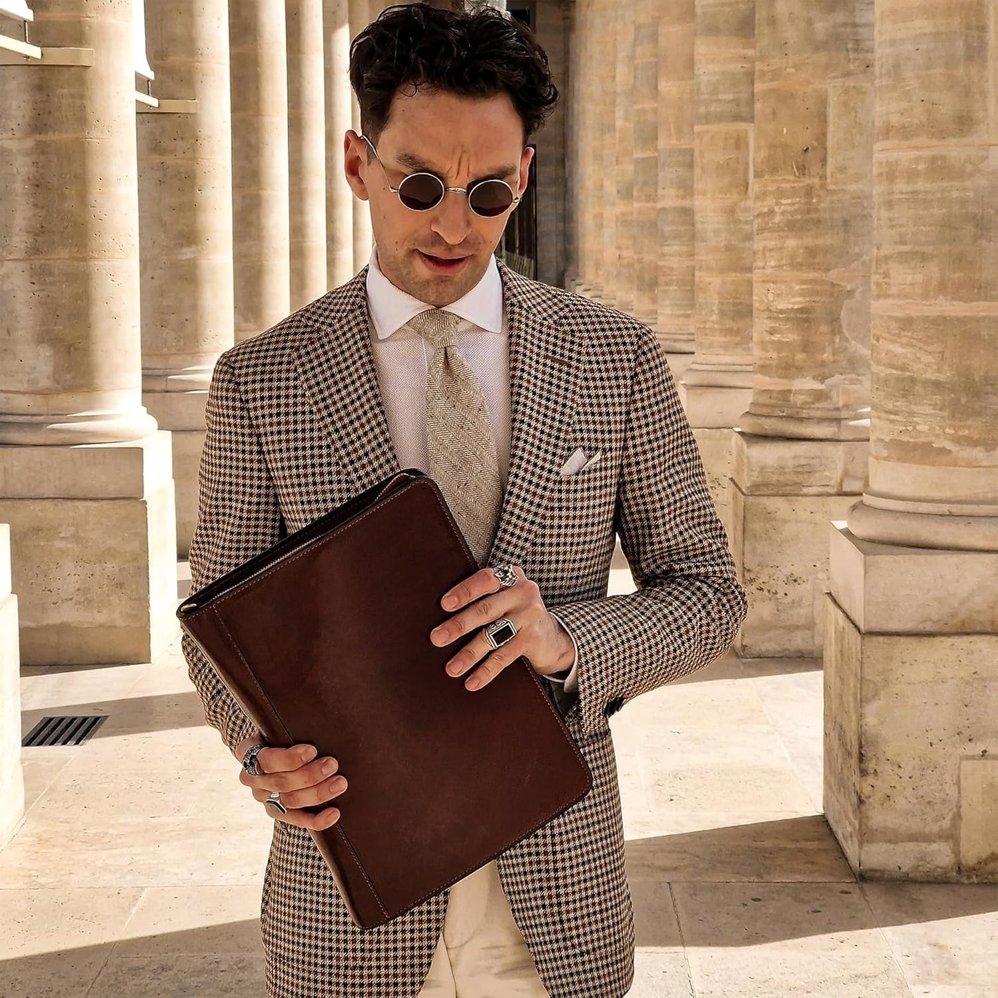 Time Resistance Leather Portfolio - A4 Document Folder - Italian Handcrafted Padfolio Organizer (Brown) - Gift Box Included