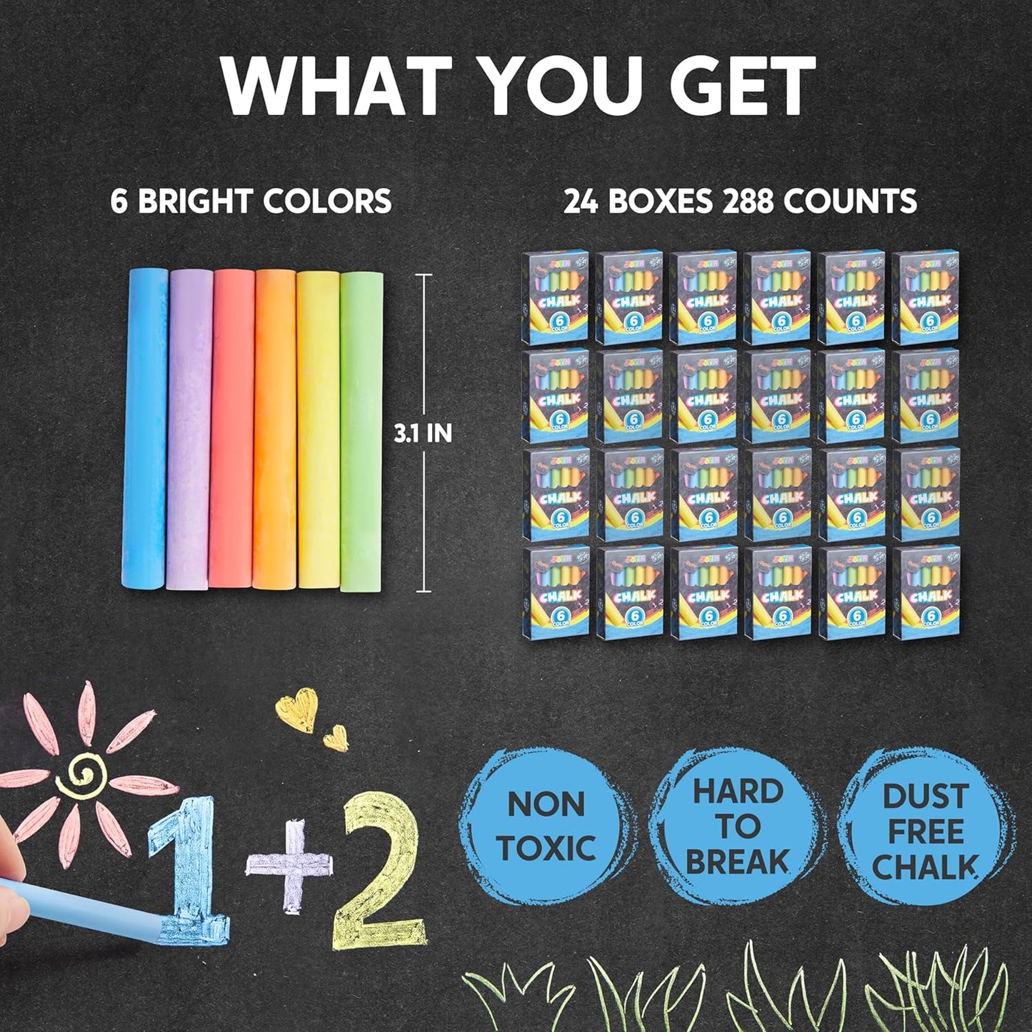 JOYIN 288 Counts Mini Chalk Set for Kids, Non-Toxic Chalks for Boys Girls 3+, School Supplies for Teachers, Goody Bag Fillers, Classroom Prizes Gifts (24 Boxes)