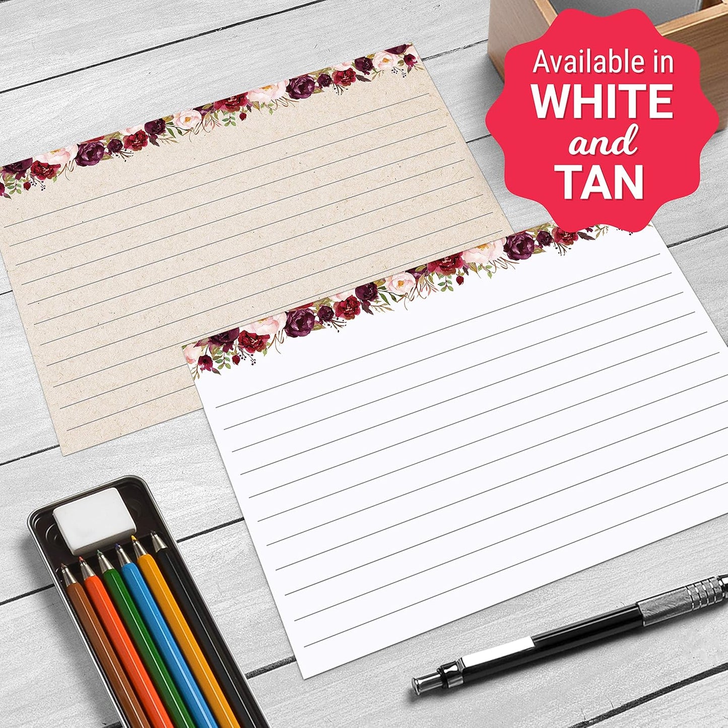 321Done Floral Ruled Index Cards - Made in USA - Large 4x6 (Set of 50), College-Ruled Lined Notecards Double-Sided, Thick Heavy Duty Cardstock, Cute Pretty Flowers Red Roses on White Note Cards Lines