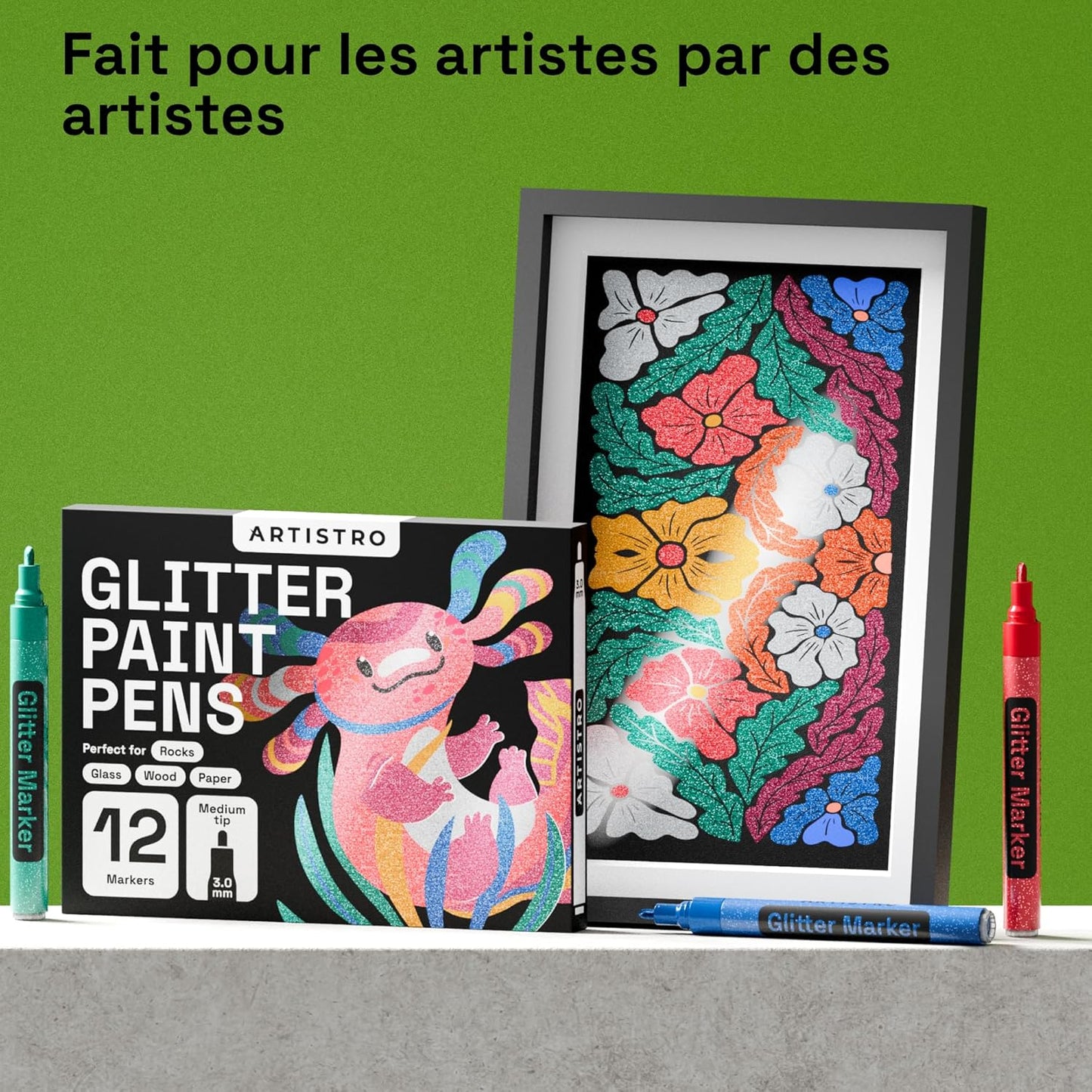 ARTISTRO 12 Glitter Paint Pens Sparkly and Shiny for Glass, Rock Painting, Ceramic, Wood, Fabric, Scrapbooking, DIY Craft Making, Coloring - Acrylic Paint Markers Medium Tip 3.0mm